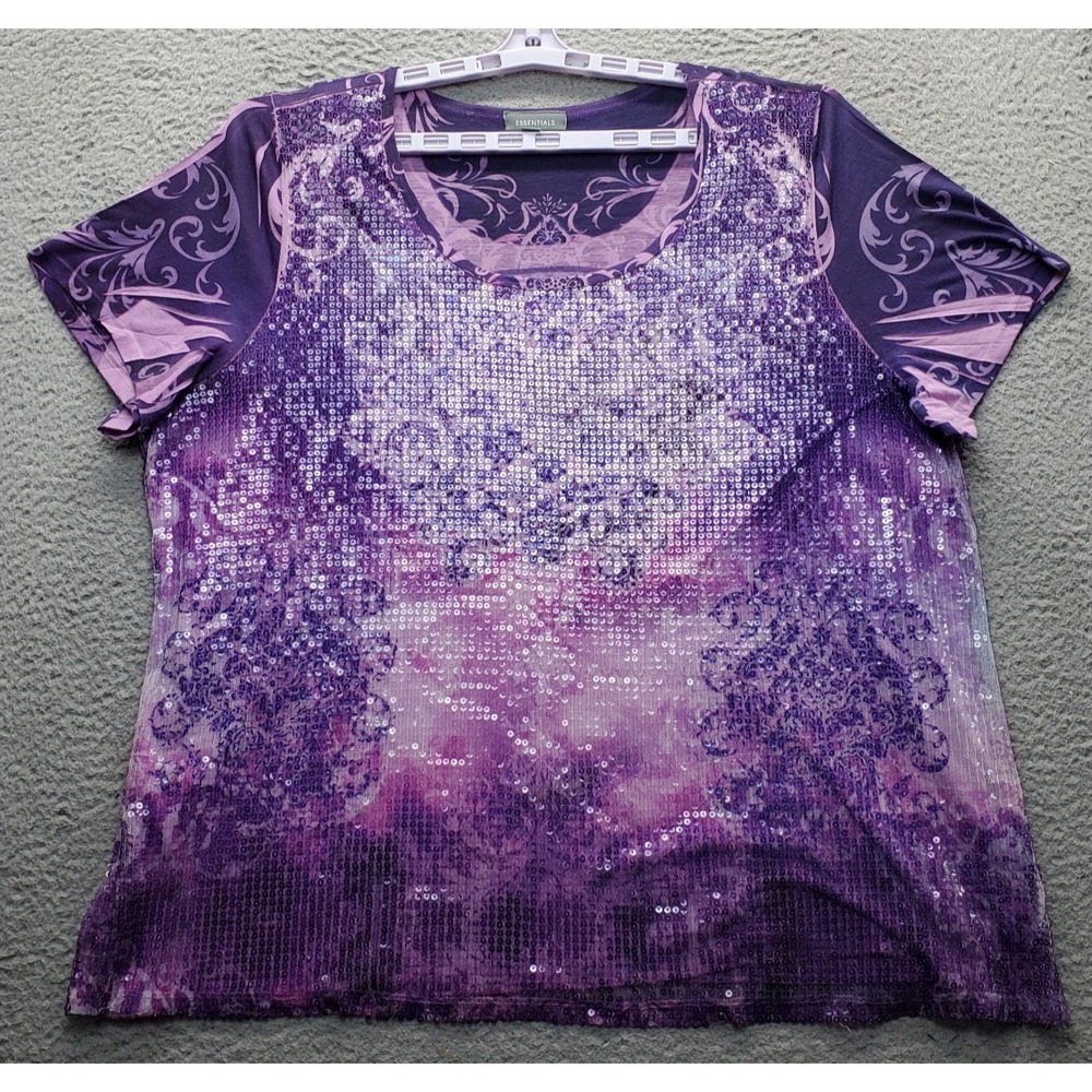 Essentials Blouse Top Womens 2X Multi Pattern Sparkly Sequined Crewneck Pullover